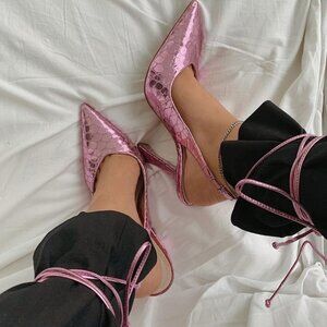 Schutz Inessa Metallic Pink Snakeskin Ankle Wrap Heels Size 10